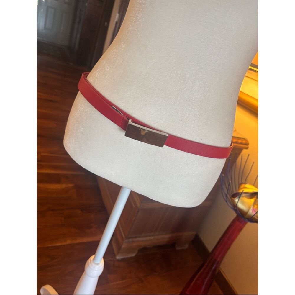 Woolrich Red Slim Leather Waist Belt with Silver Rectangle Metal Buckle M/L